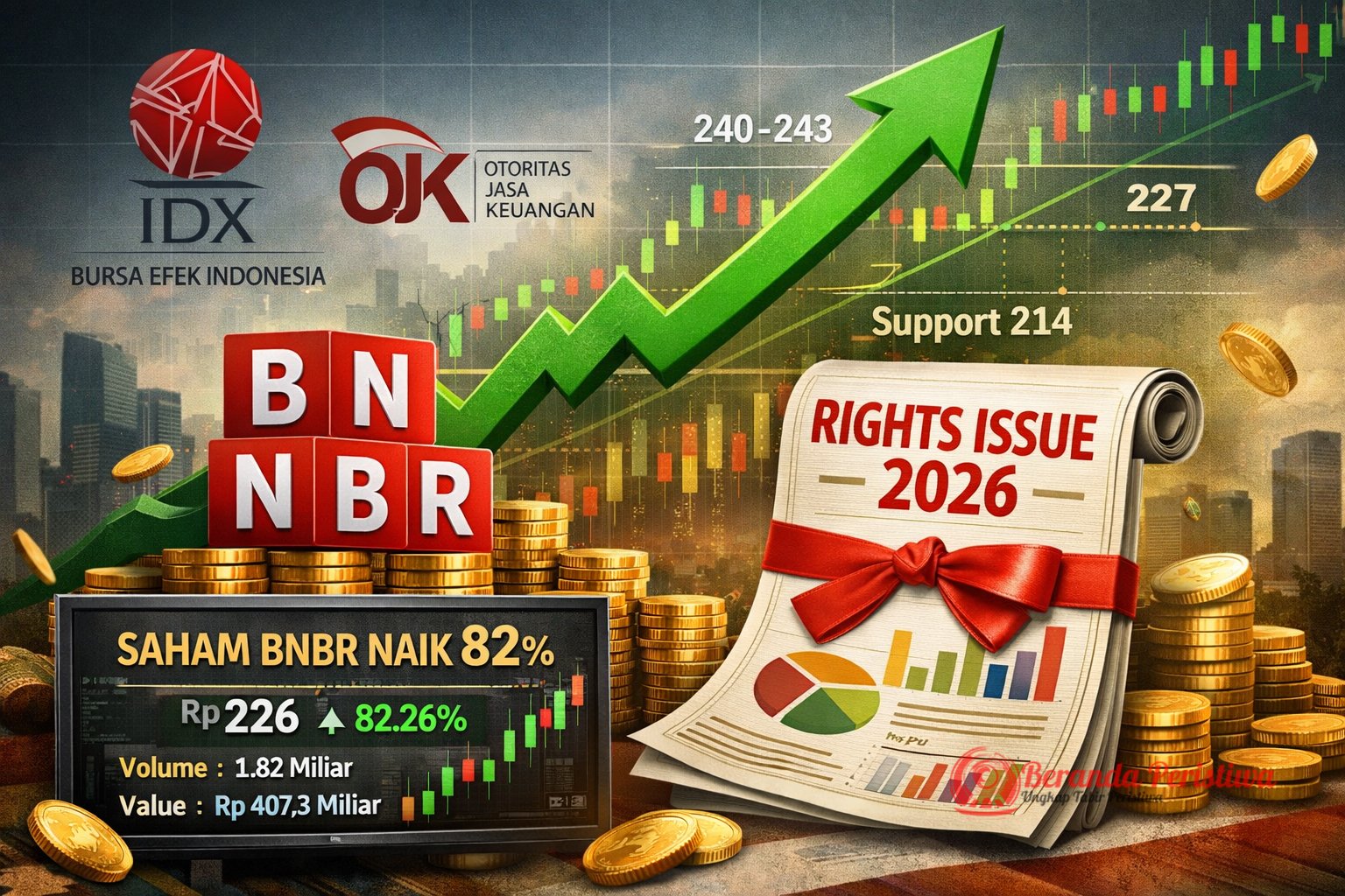 Ilustrasi digital saham PT Bakrie & Brothers Tbk (BNBR) yang melonjak tajam di Bursa Efek Indonesia, menampilkan grafik naik, panah hijau bullish, angka kenaikan 82 persen, serta elemen rights issue 2026 dan data perdagangan saham.