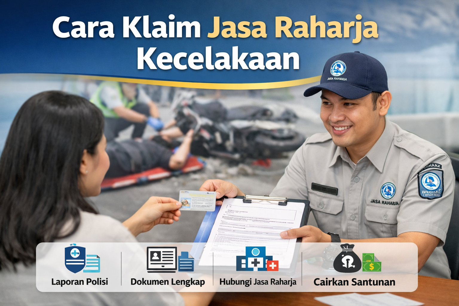 Ilustrasi cara klaim Jasa Raharja kecelakaan melalui petugas dengan menyerahkan identitas dan dokumen lengkap