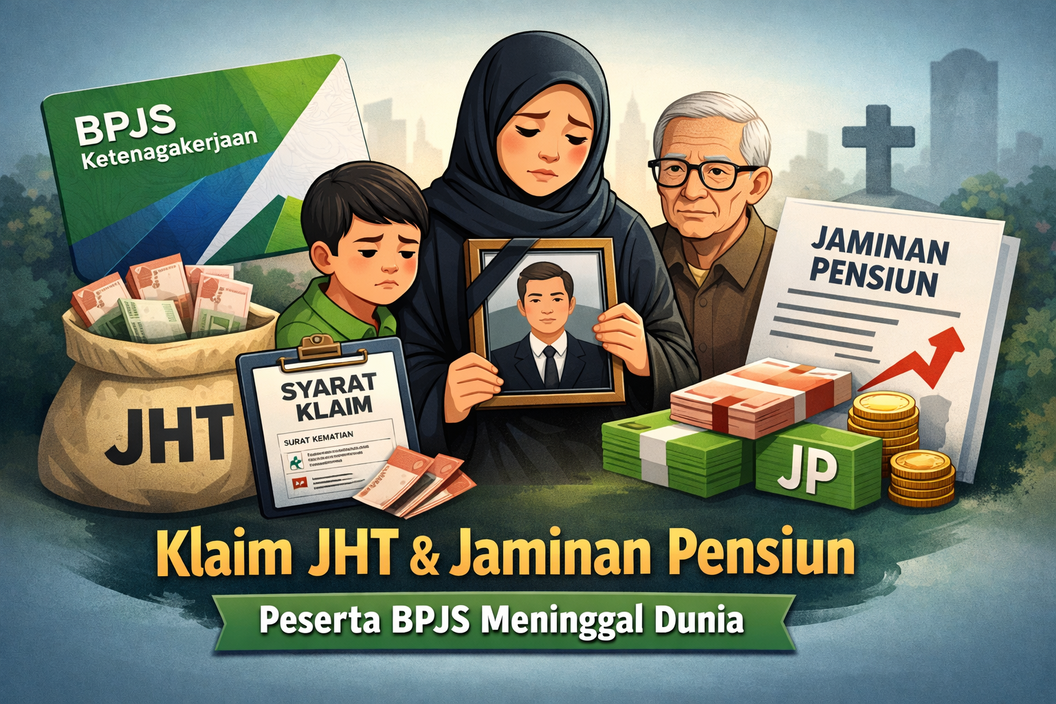 Ilustrasi ahli waris mengurus klaim JHT dan jaminan pensiun BPJS Ketenagakerjaan setelah peserta meninggal dunia